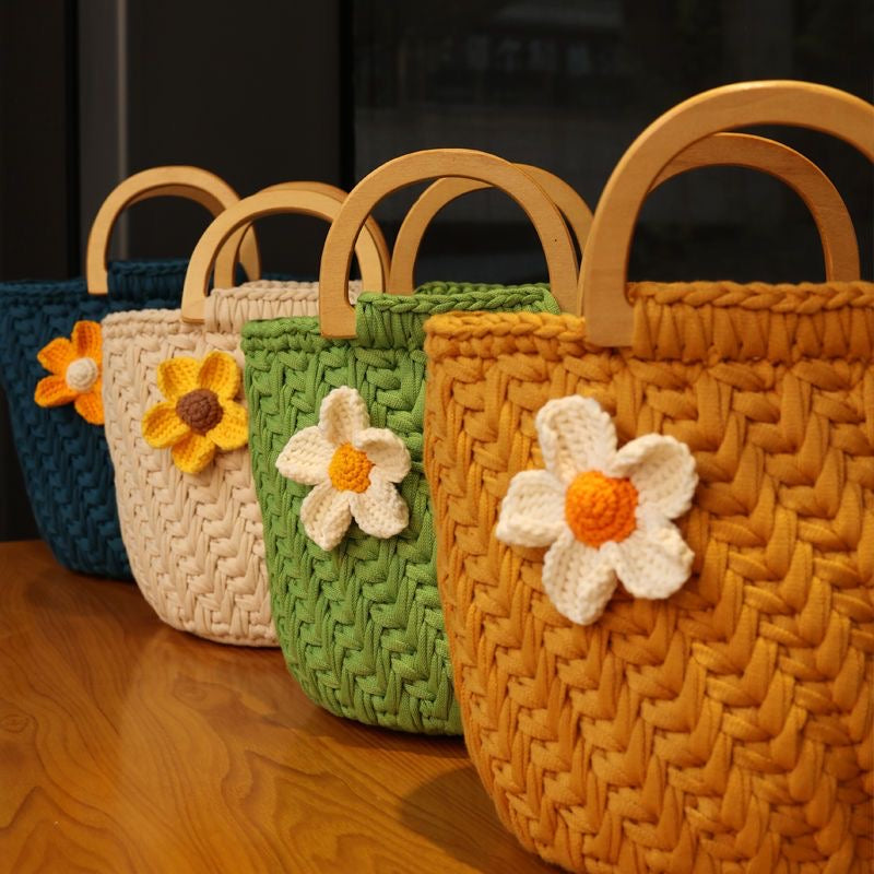 New Wheat Ear Flower Woven Bag DIY Kit (Not Finished Product) | Handmade Crochet Tote