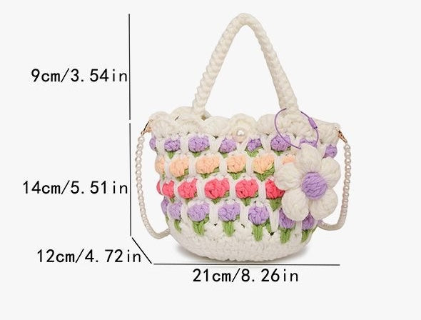 Tulip Handbag – Finished Crochet Bag with Pearl Crossbody Chain