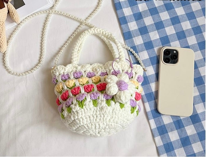 Tulip Handbag – Finished Crochet Bag with Pearl Crossbody Chain