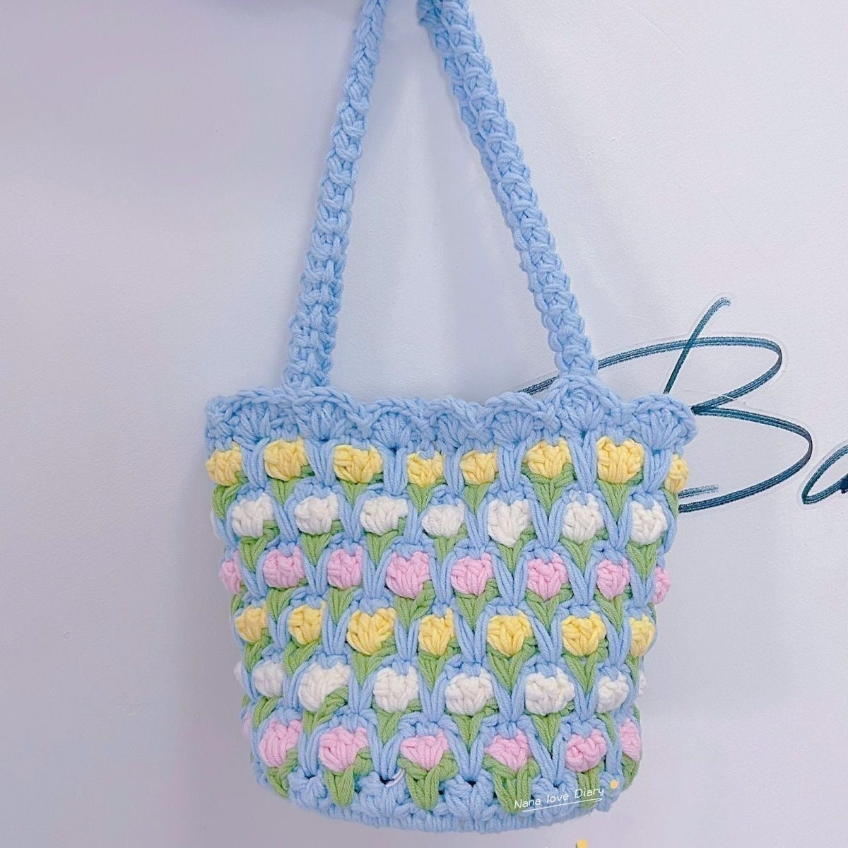 Ready-Made Handmade Crochet Flower Tote – Pastel Puff Stitch Bag with Handles