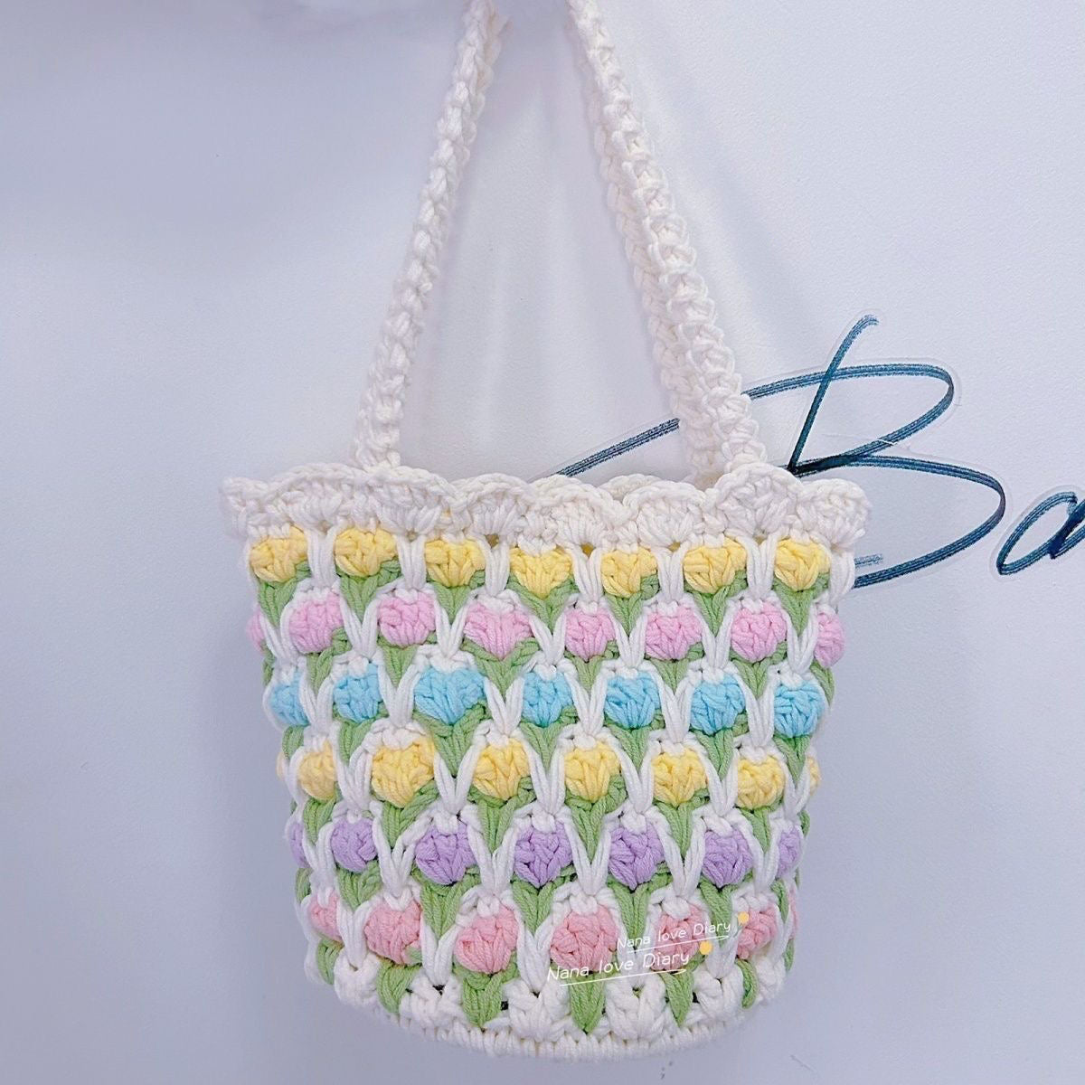 Ready-Made Handmade Crochet Flower Tote – Pastel Puff Stitch Bag with Handles