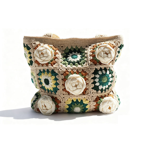 Handmade crochet bag with 3D flowers, featuring vintage style and boho look, perfect for casual outings.