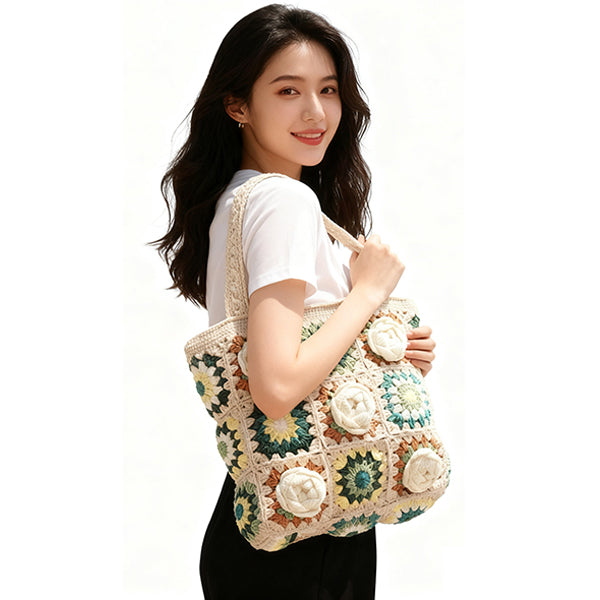 Handmade crochet bag with 3D flowers, vintage knitted tote, stylish boho shoulder bag.