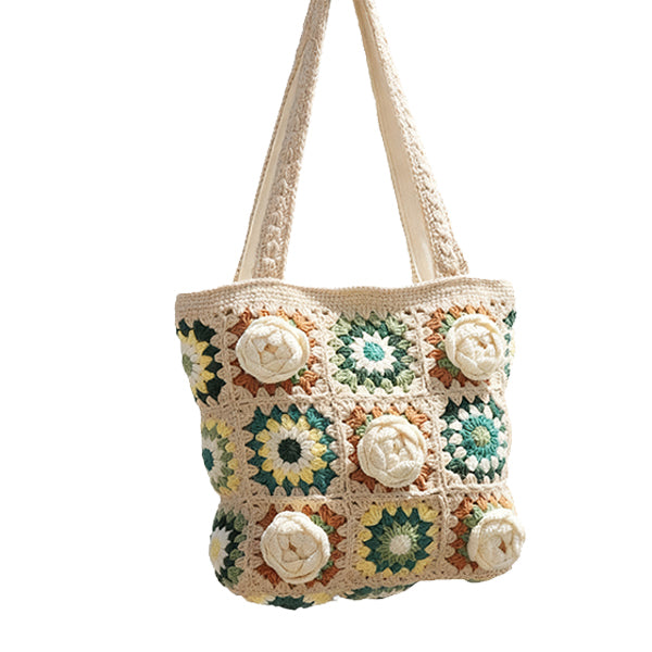 Handmade crochet bag with 3D flowers, vintage knitted tote perfect for casual outings and gifts.
