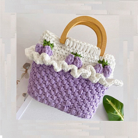 Handmade Crochet Tote Bag – Ruffled Top with Wooden Handle