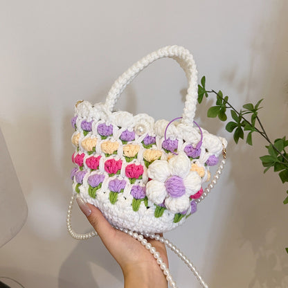 Tulip Handbag – Finished Crochet Bag with Pearl Crossbody Chain