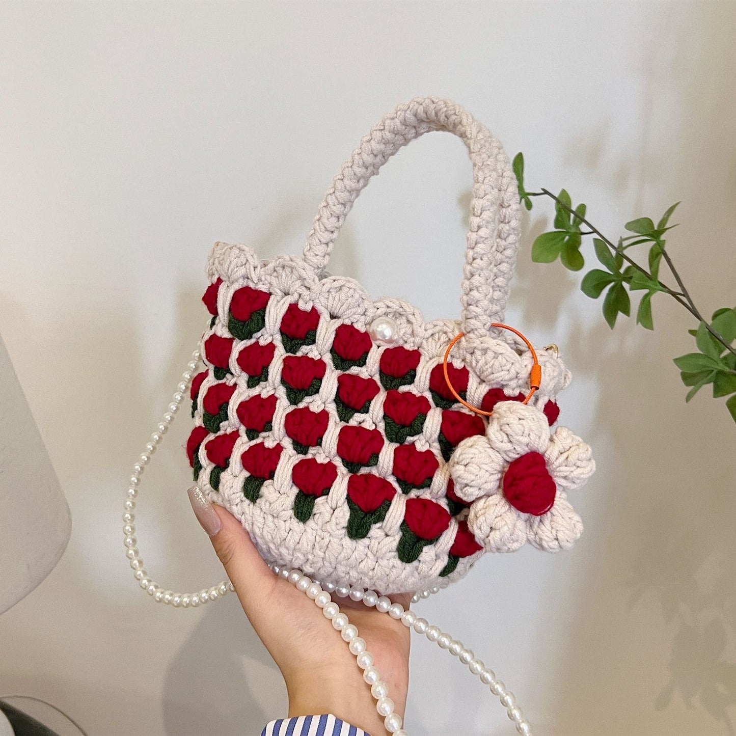 Tulip Handbag – Finished Crochet Bag with Pearl Crossbody Chain