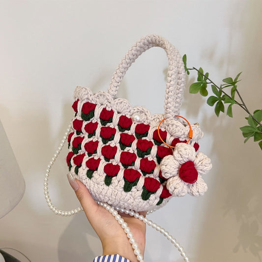 Tulip Handbag – Finished Crochet Bag with Pearl Crossbody Chain
