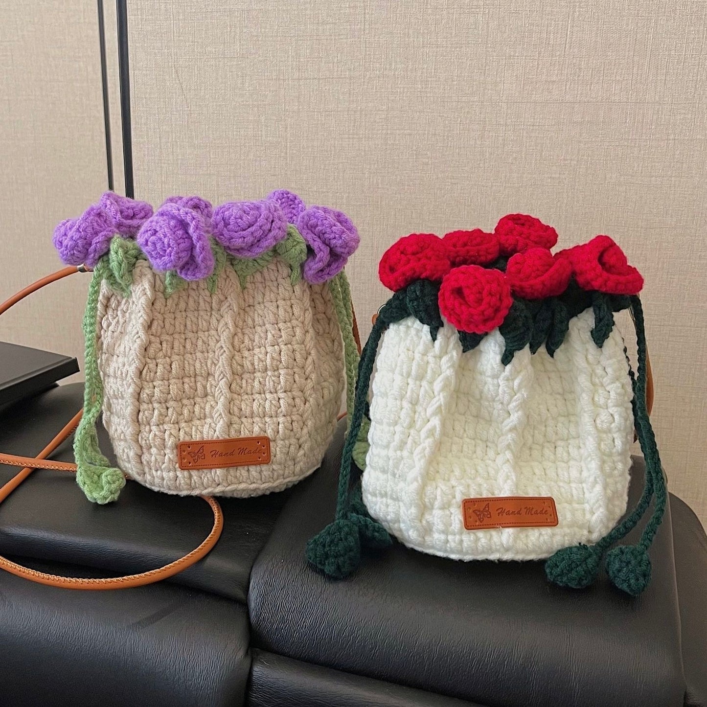 Handmade Rose Crochet Bucket Bag – Small Yarn Crossbody Purse