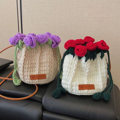 Handmade Rose Crochet Bucket Bag – Small Yarn Crossbody Purse