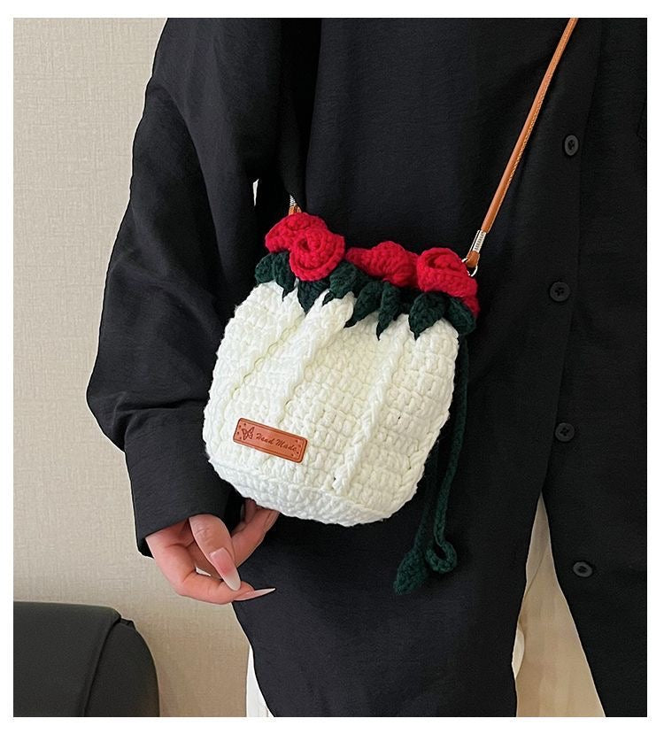 Handmade Rose Crochet Bucket Bag – Small Yarn Crossbody Purse