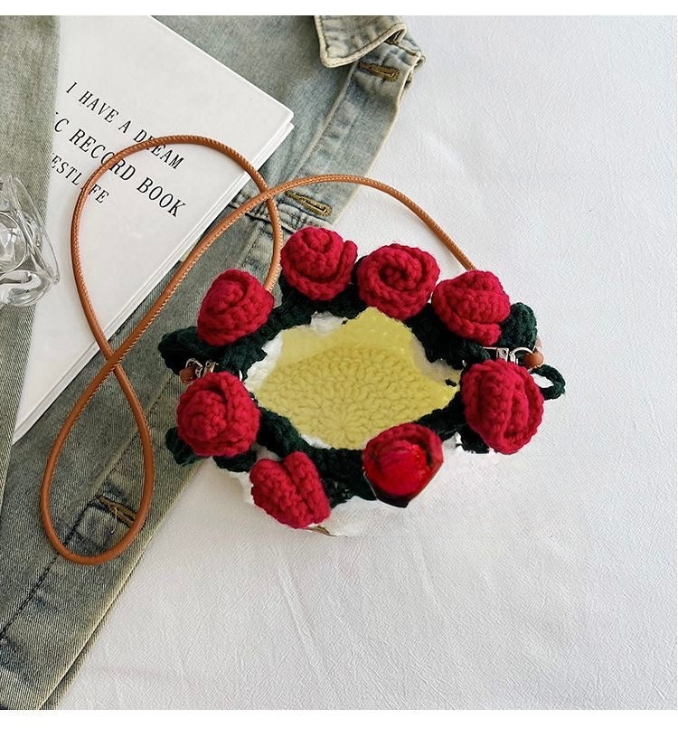 Handmade Rose Crochet Bucket Bag – Small Yarn Crossbody Purse