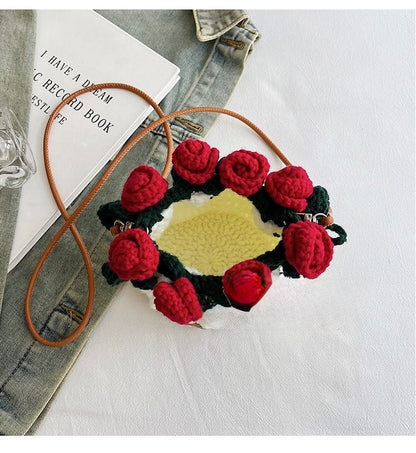 Handmade Rose Crochet Bucket Bag – Small Yarn Crossbody Purse