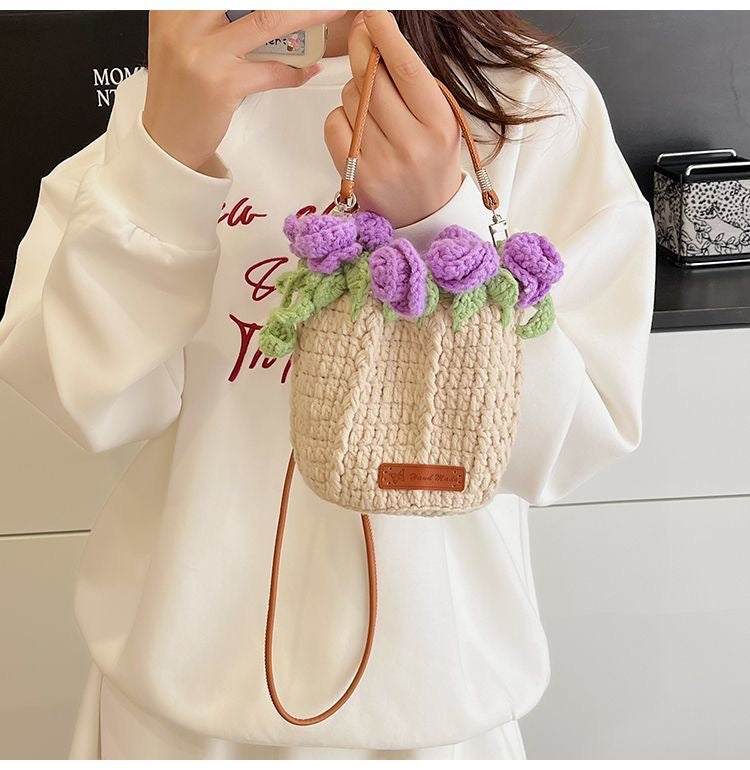 Handmade Rose Crochet Bucket Bag – Small Yarn Crossbody Purse