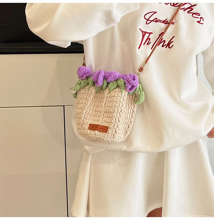 Handmade Rose Crochet Bucket Bag – Small Yarn Crossbody Purse
