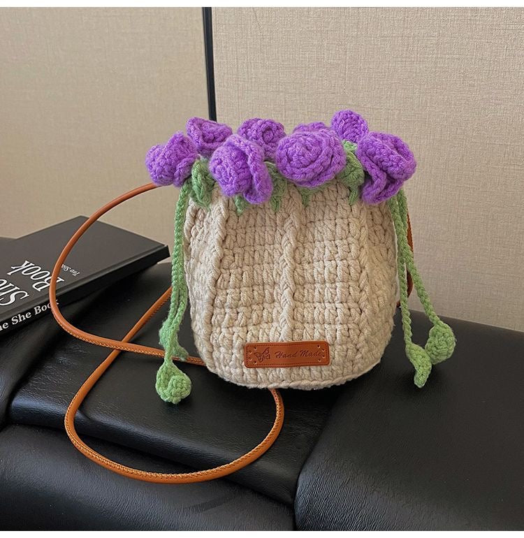 Handmade Rose Crochet Bucket Bag – Small Yarn Crossbody Purse