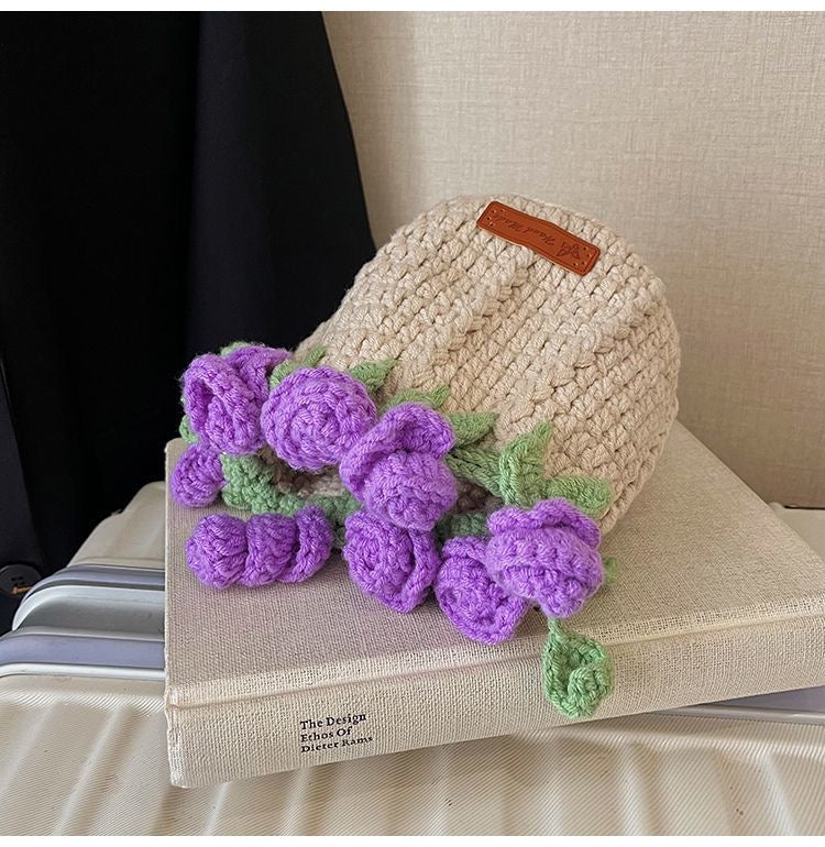Handmade Rose Crochet Bucket Bag – Small Yarn Crossbody Purse