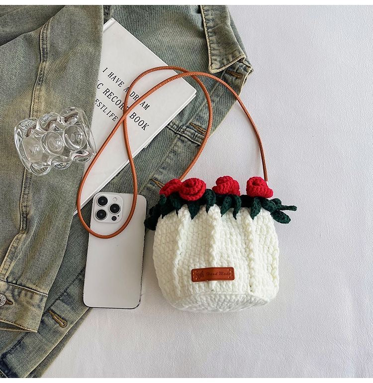 Handmade Rose Crochet Bucket Bag – Small Yarn Crossbody Purse