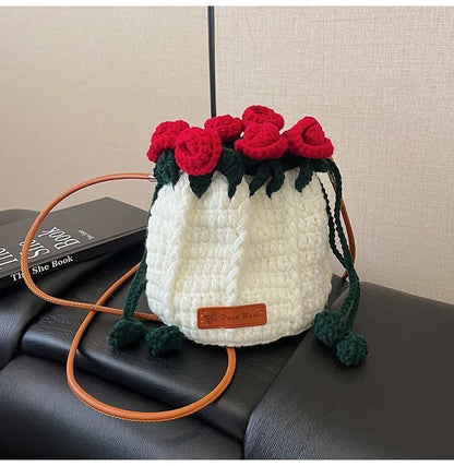 Handmade Rose Crochet Bucket Bag – Small Yarn Crossbody Purse