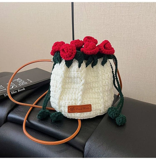 Handmade Rose Crochet Bucket Bag – Small Yarn Crossbody Purse