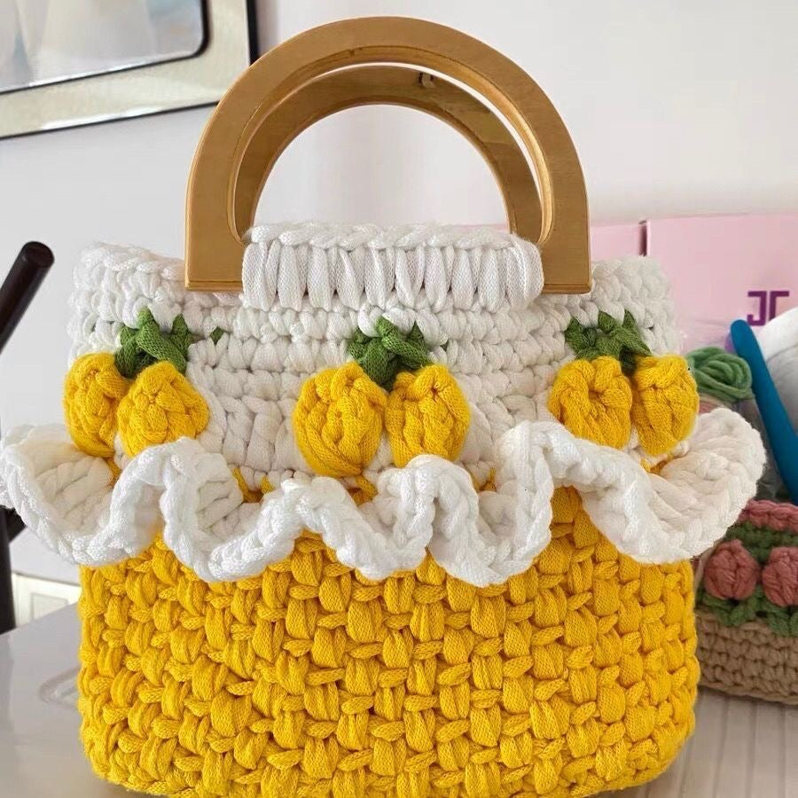 Handmade Crochet Tote Bag – Ruffled Top with Wooden Handle