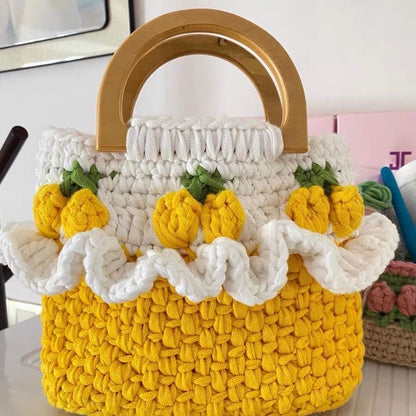 Handmade Crochet Tote Bag – Ruffled Top with Wooden Handle