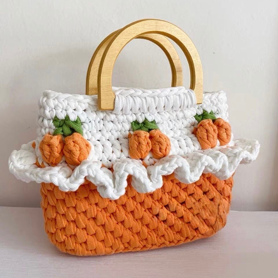 Handmade Crochet Tote Bag – Ruffled Top with Wooden Handle
