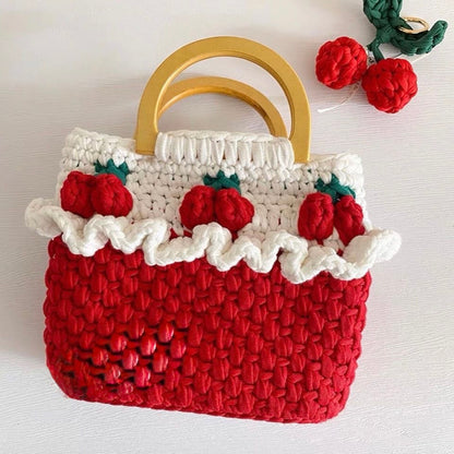 Handmade Crochet Tote Bag – Ruffled Top with Wooden Handle
