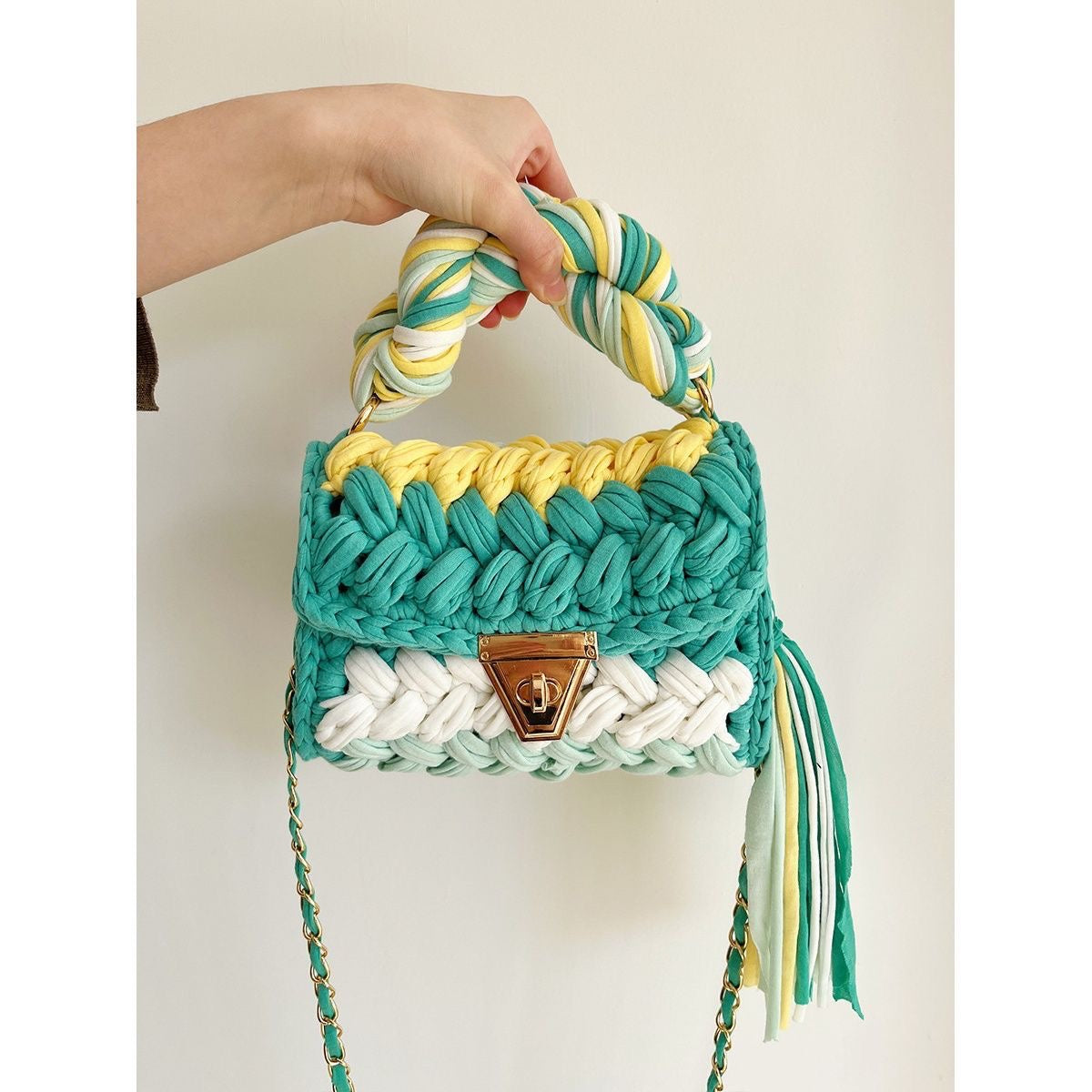 Handmade Braided Crochet Bag – Colorful Chain Strap & Top Handle Crossbody