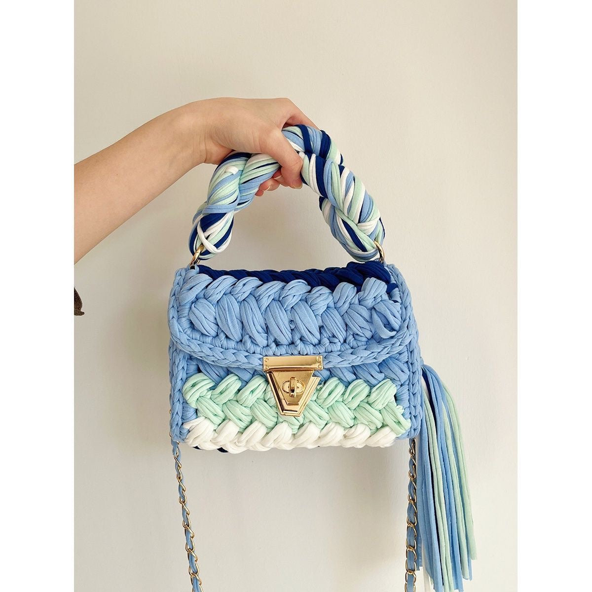 Handmade Braided Crochet Bag – Colorful Chain Strap & Top Handle Crossbody