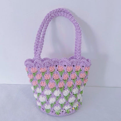 Ready-Made Handmade Crochet Flower Tote – Pastel Puff Stitch Bag with Handles