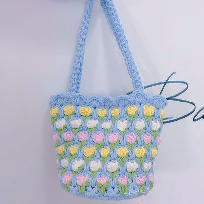 Ready-Made Handmade Crochet Flower Tote – Pastel Puff Stitch Bag with Handles