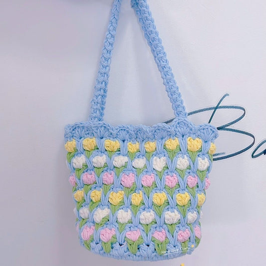 Ready-Made Handmade Crochet Flower Tote – Pastel Puff Stitch Bag with Handles