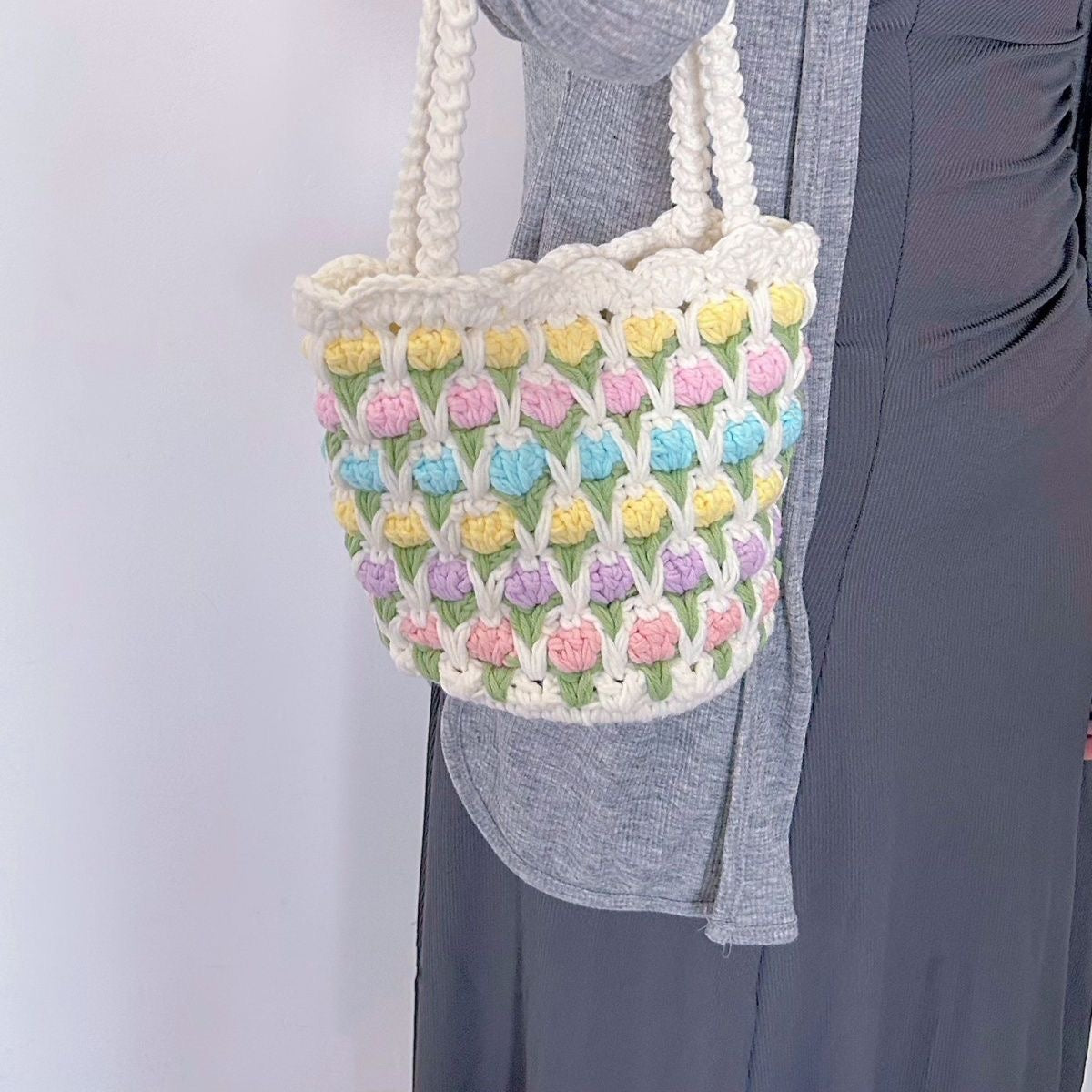 Ready-Made Handmade Crochet Flower Tote – Pastel Puff Stitch Bag with Handles