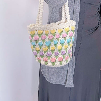 Ready-Made Handmade Crochet Flower Tote – Pastel Puff Stitch Bag with Handles