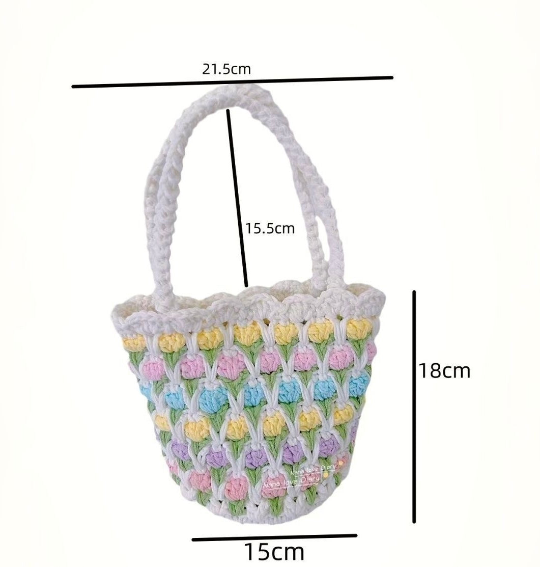 Ready-Made Handmade Crochet Flower Tote – Pastel Puff Stitch Bag with Handles
