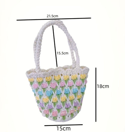 Ready-Made Handmade Crochet Flower Tote – Pastel Puff Stitch Bag with Handles