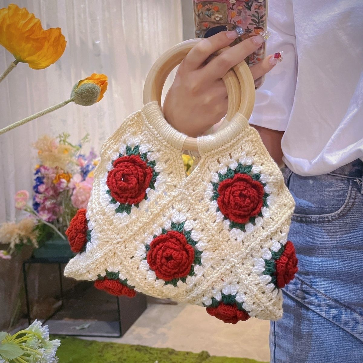 Vintage Crochet Rose Camellia Handbag | Handmade Yarn Tote Bag (Finished Product)