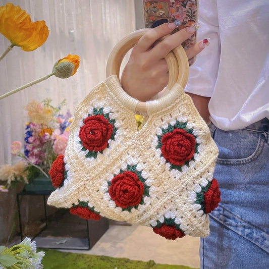 Vintage Crochet Rose Camellia Handbag | Handmade Yarn Tote Bag (Finished Product)