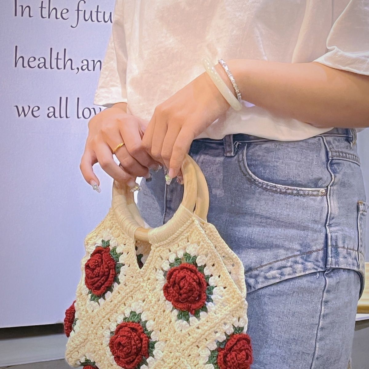 Vintage Crochet Rose Camellia Handbag | Handmade Yarn Tote Bag (Finished Product)