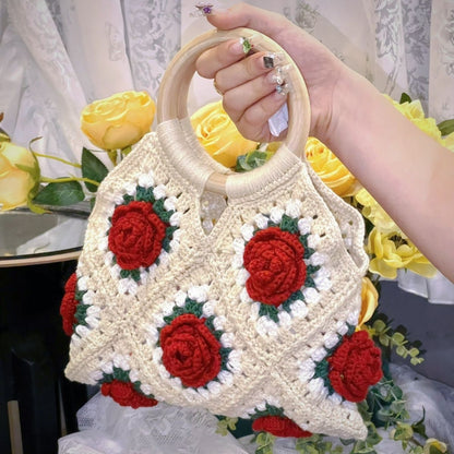 Vintage Crochet Rose Camellia Handbag | Handmade Yarn Tote Bag (Finished Product)